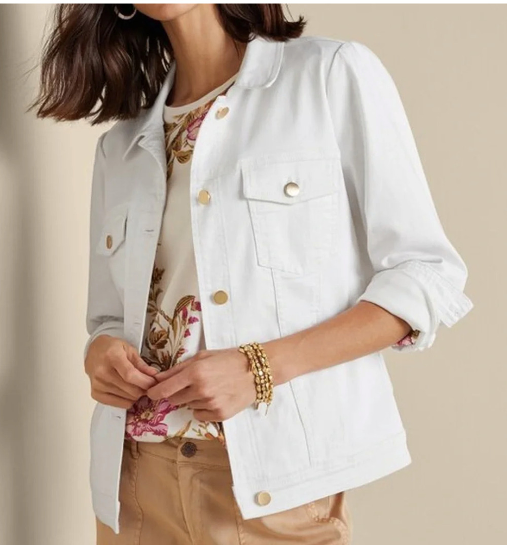 Soft Surroundings Shapely Stretch Denim Jacket White Gold Button NWOT PXL Petite
